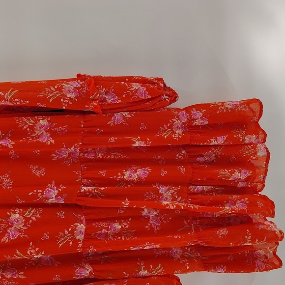 Vince Camuto Orange Floral Dress Size XL Sheer Long Sleeve Flowy V Neck Tiered - Picture 4 of 12